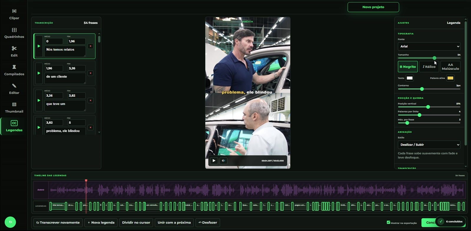 Interface atual de Legendas do Koolei, com prévia dividida entre duas pessoas e controles de aparência.